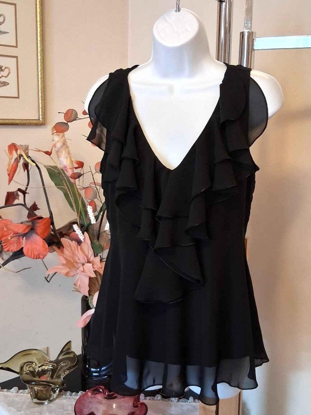 NWOT Papillon Women’s Black Ruffle Lined Camisole Tank Summer Top 8